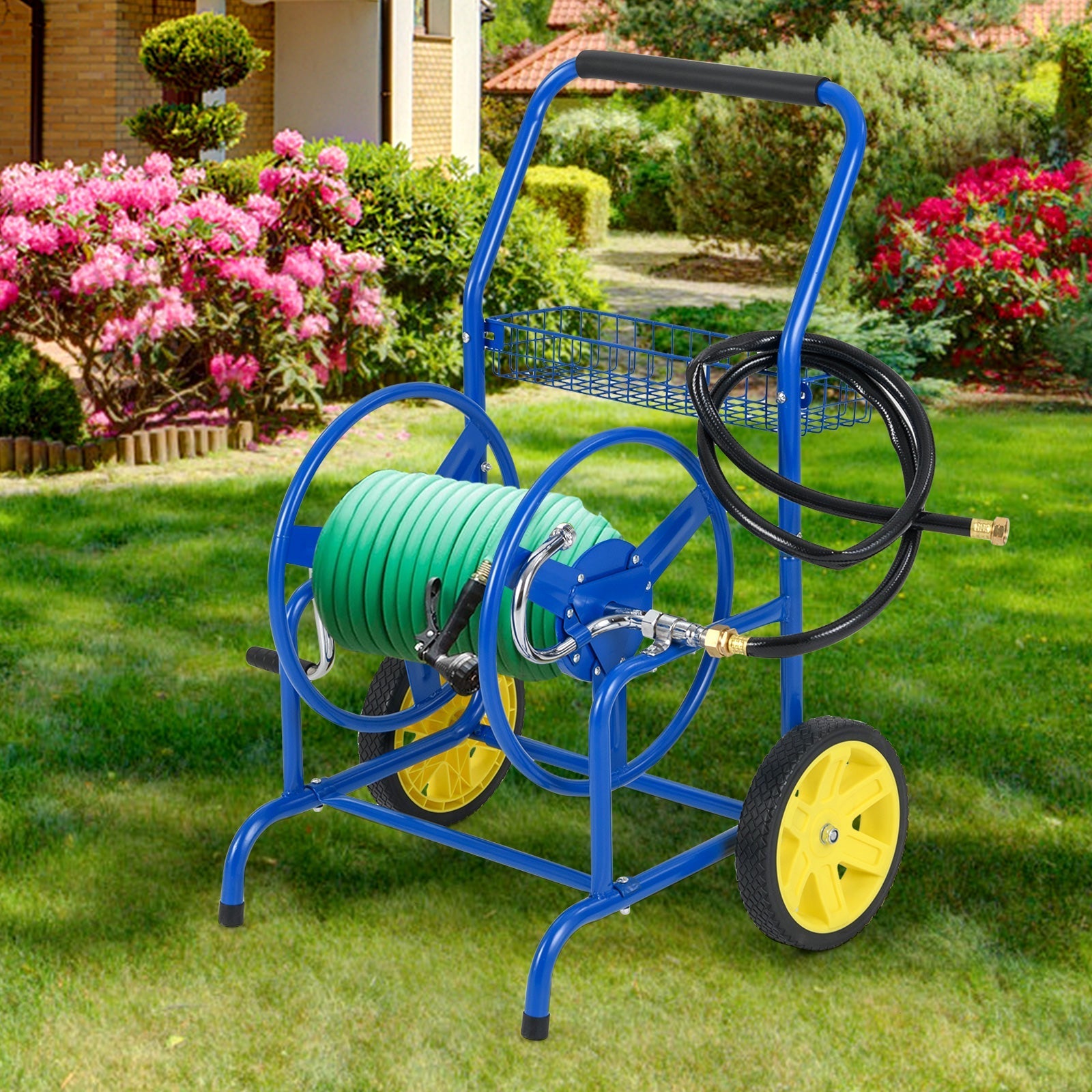 Garden Hose Reel Cart with 2 Wheels and Storage Basket