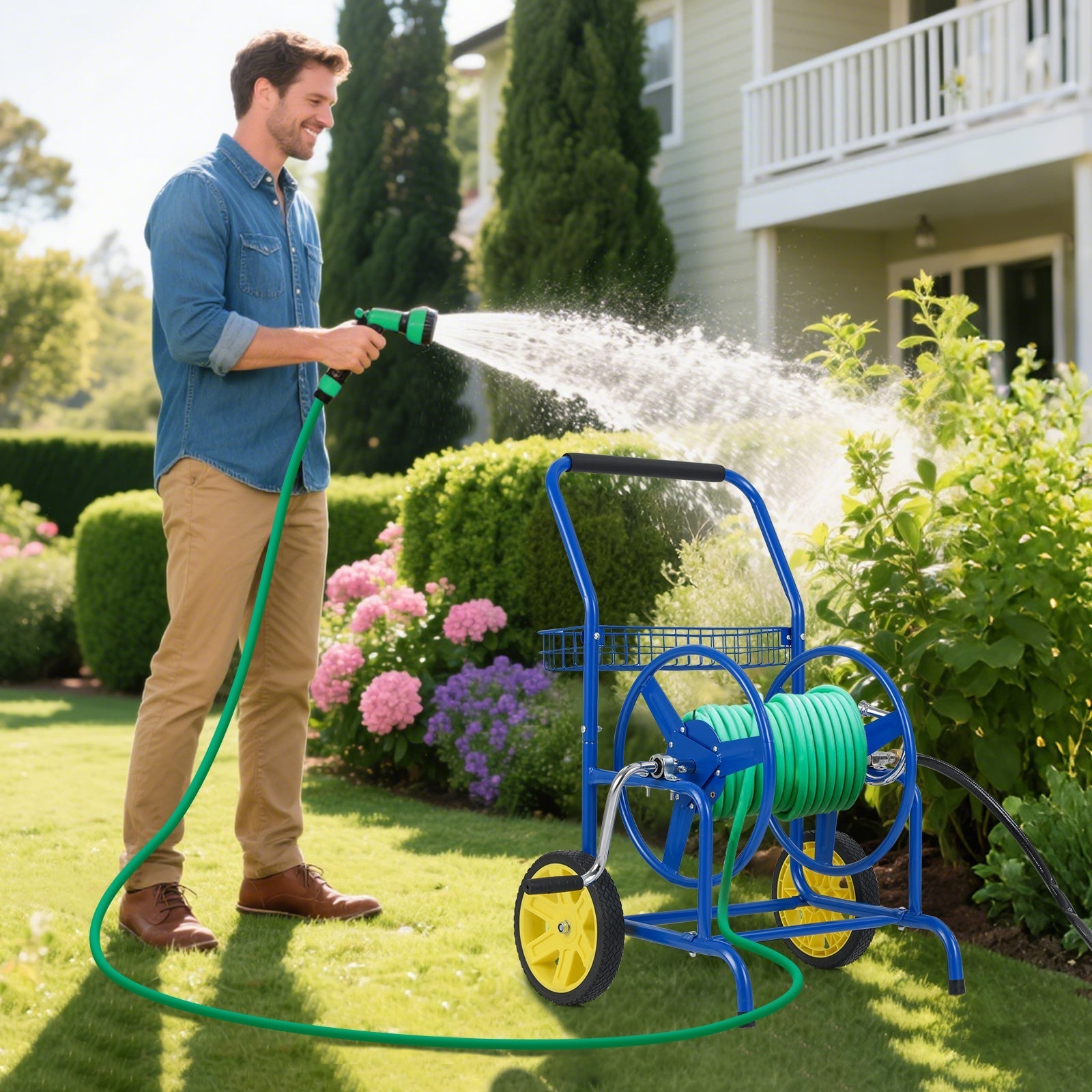 Garden Hose Reel Cart with 2 Wheels and Storage Basket