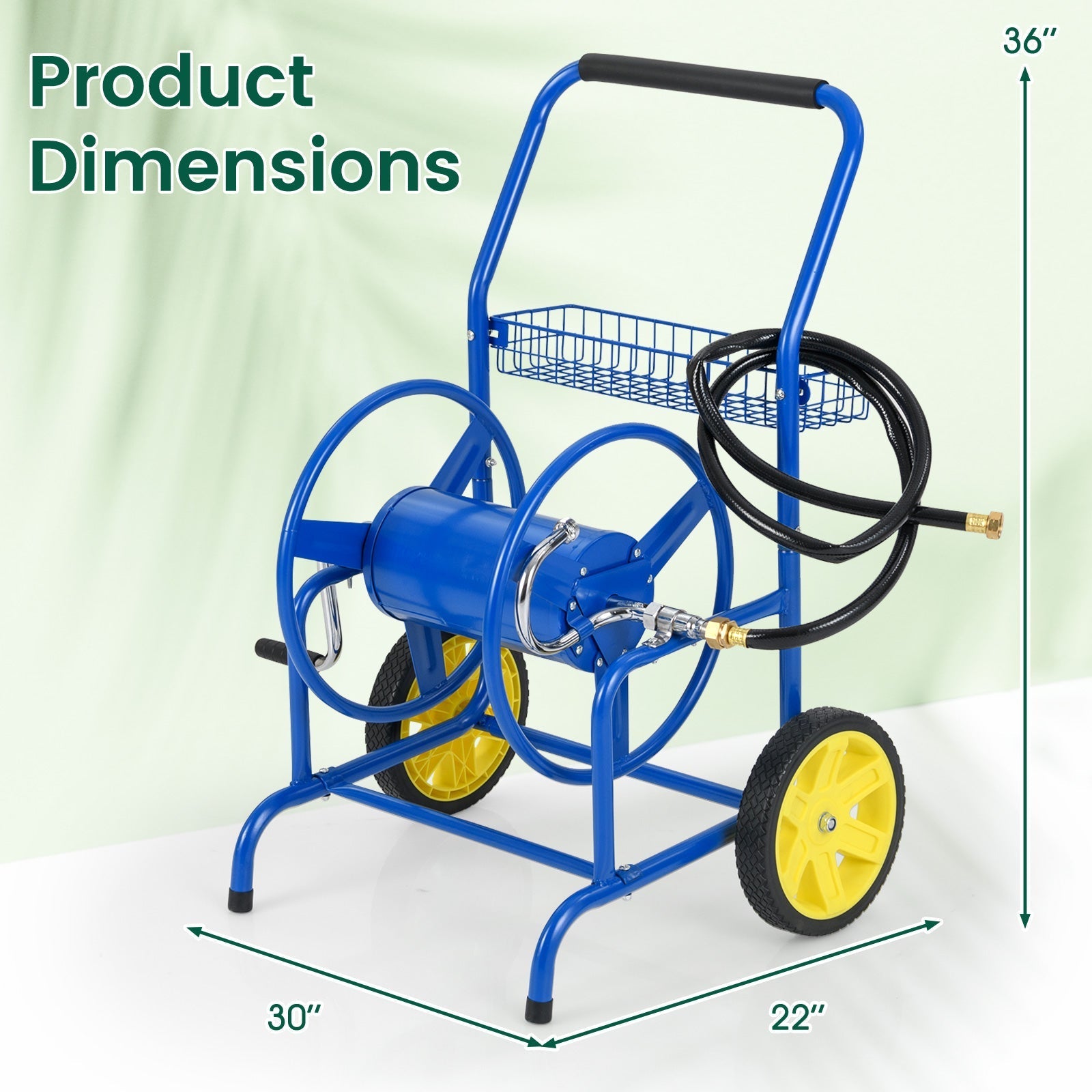 Garden Hose Reel Cart with 2 Wheels and Storage Basket