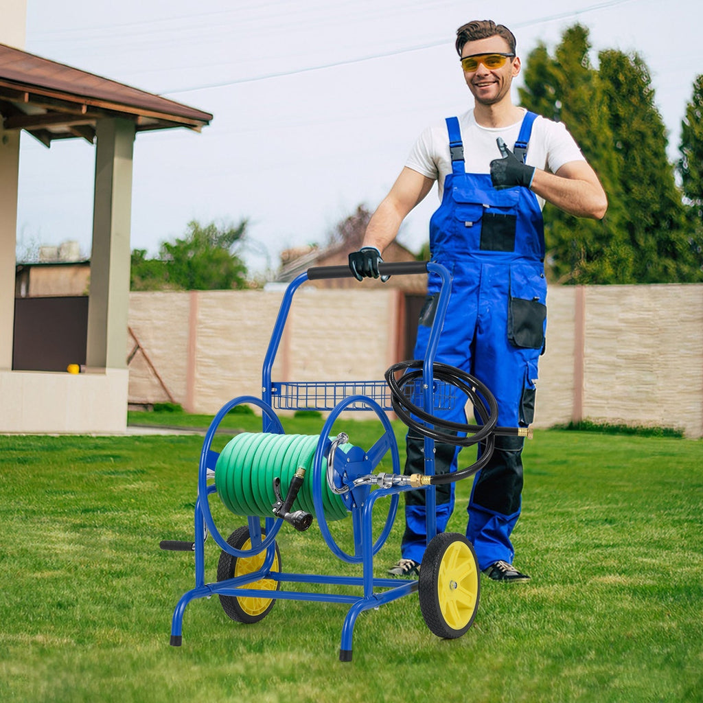 Garden Hose Reel Cart with 2 Wheels and Storage Basket