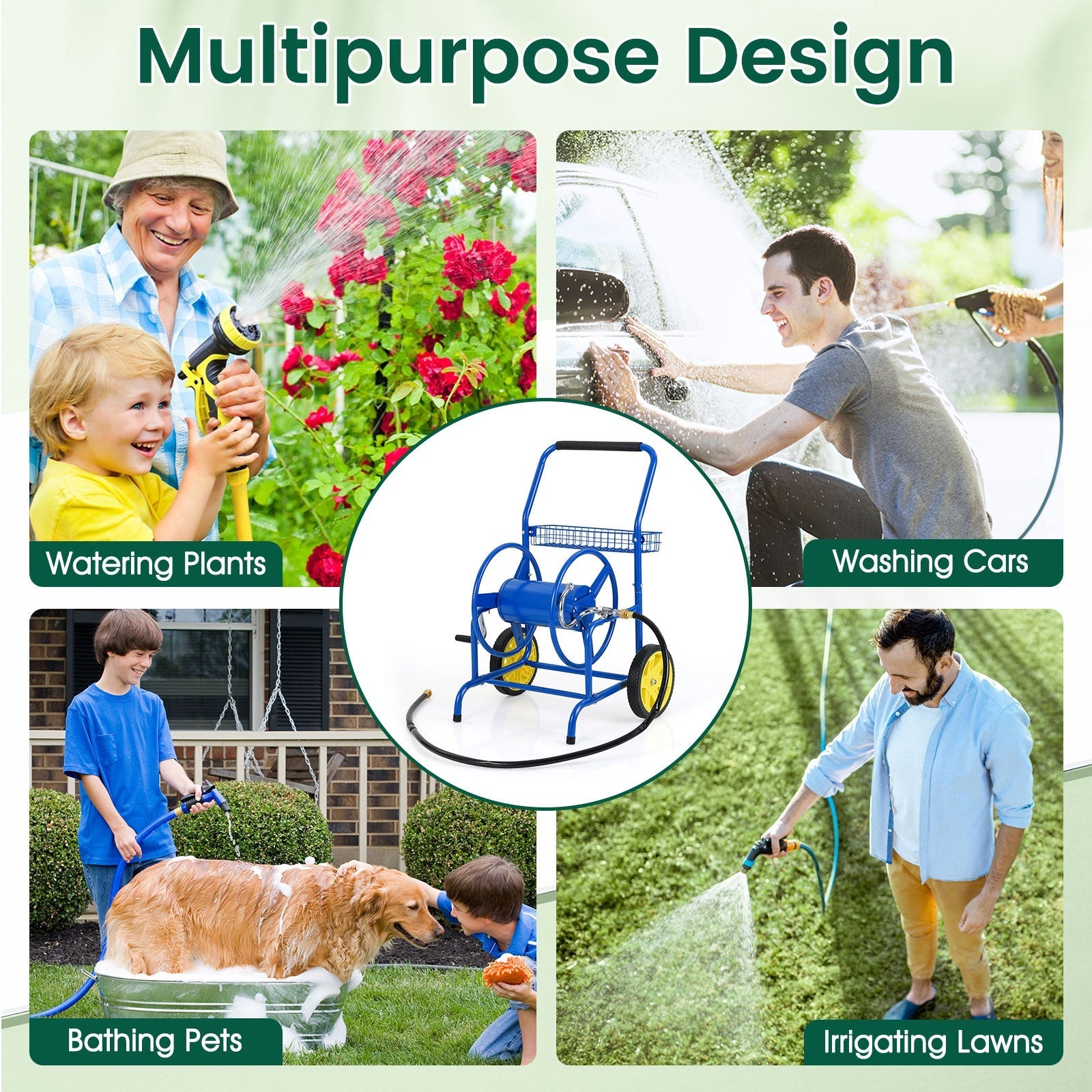 Garden Hose Reel Cart with 2 Wheels and Storage Basket