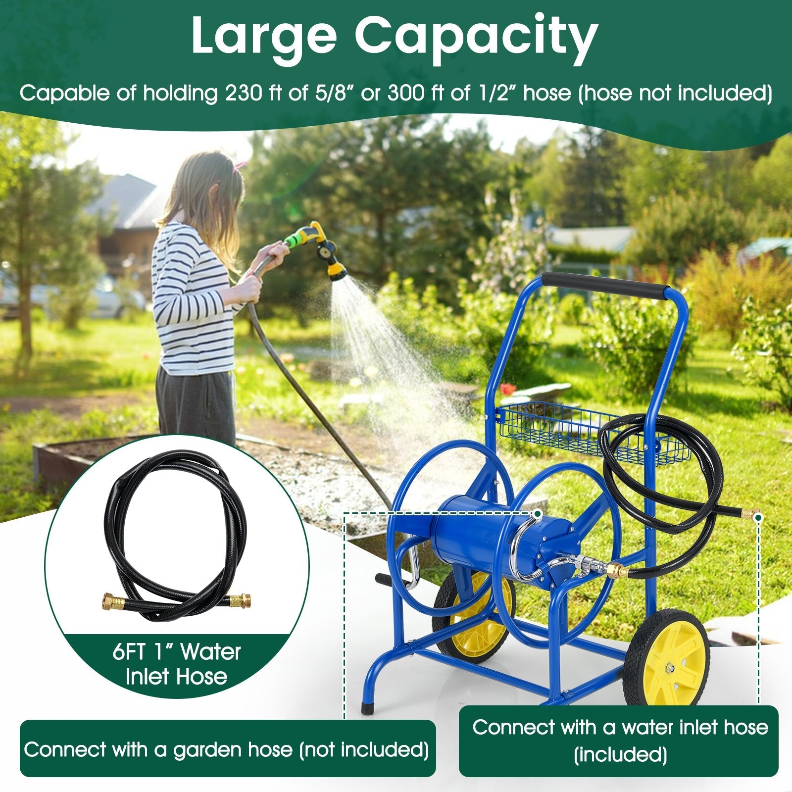 Garden Hose Reel Cart with 2 Wheels and Storage Basket