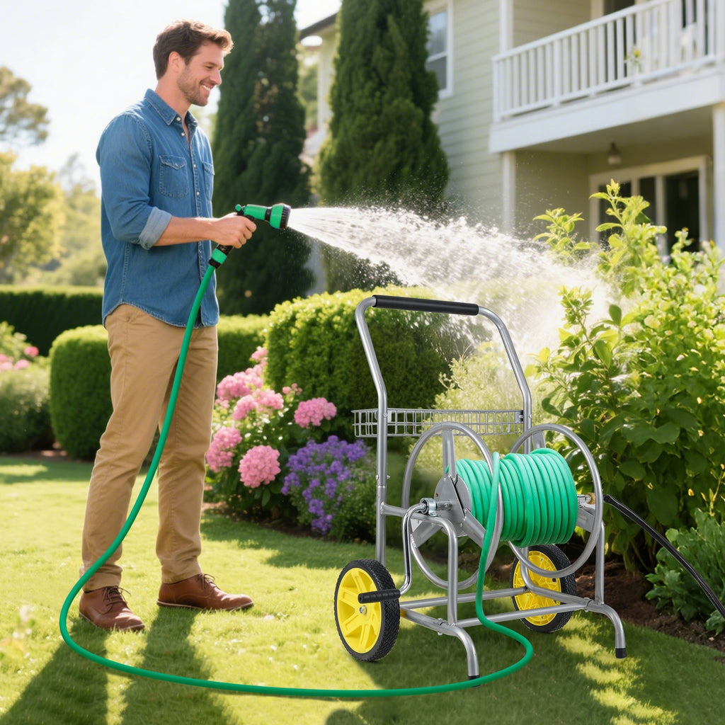 Garden Hose Reel Cart with 2 Wheels and Storage Basket