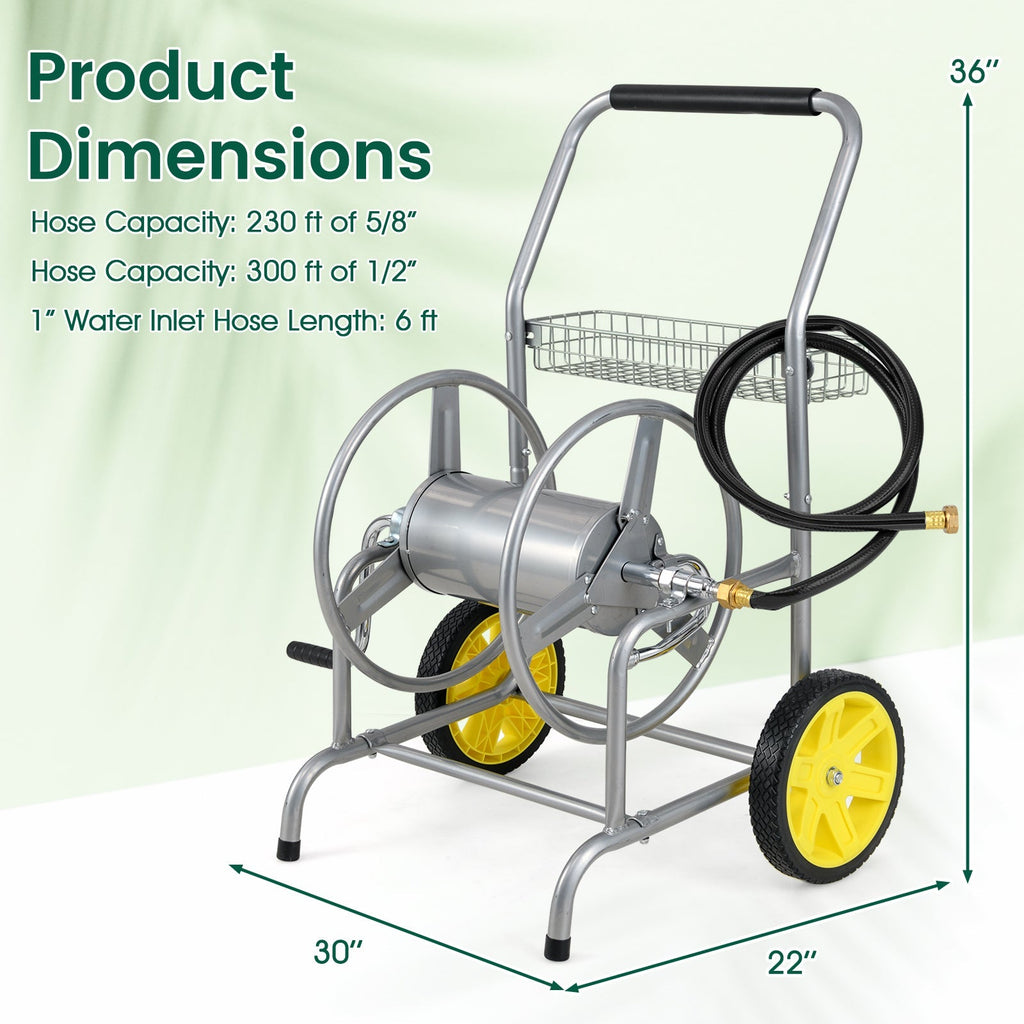 Garden Hose Reel Cart with 2 Wheels and Storage Basket