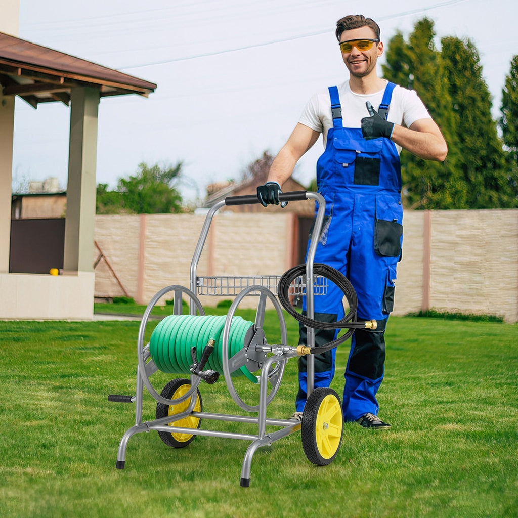 Garden Hose Reel Cart with 2 Wheels and Storage Basket