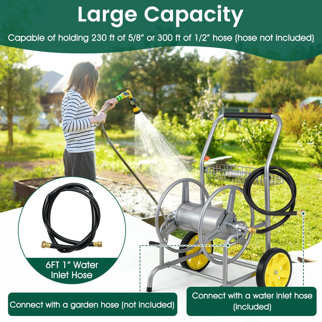 Garden Hose Reel Cart with 2 Wheels and Storage Basket