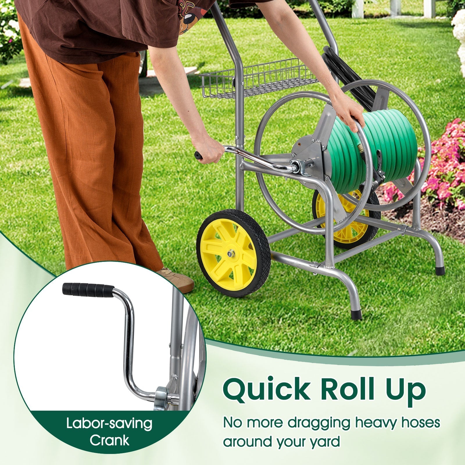 Garden Hose Reel Cart with 2 Wheels and Storage Basket