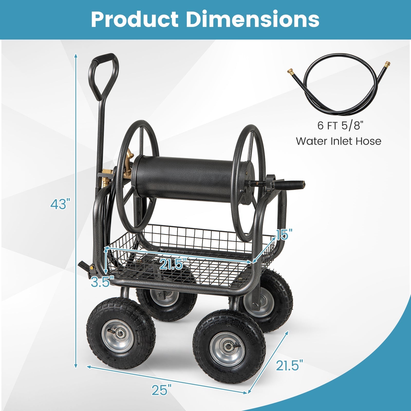 Garden Hose Reel Cart 300 Feet Large Capacity with 4 Wheels and Storage Basket-Gray