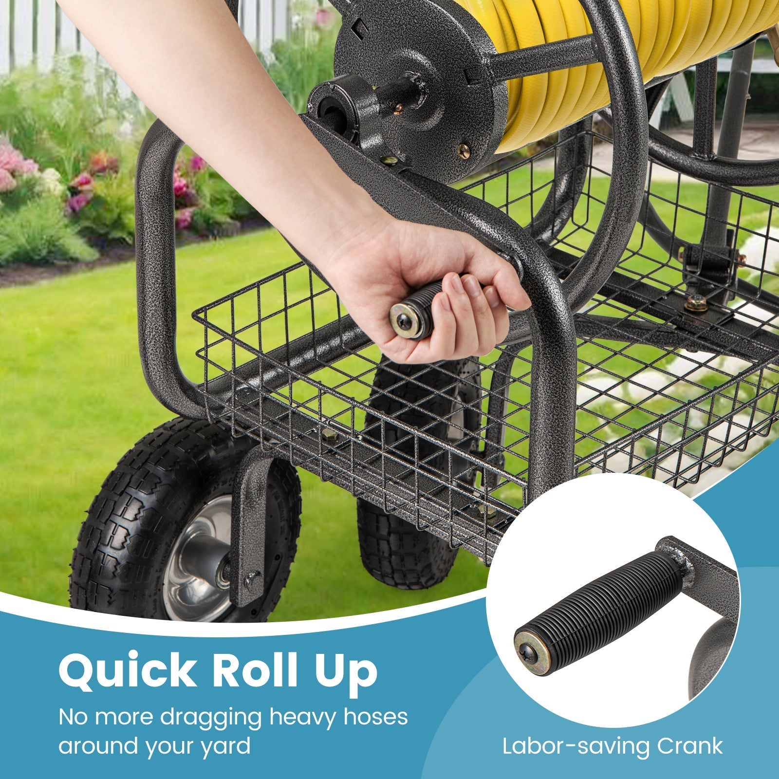 Garden Hose Reel Cart 300 Feet Large Capacity with 4 Wheels and Storage Basket-Gray