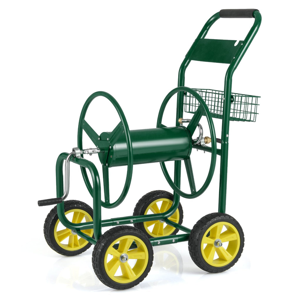 Garden Hose Reel Cart Metal Hose Cart with 4 Wheels and Storage Basket