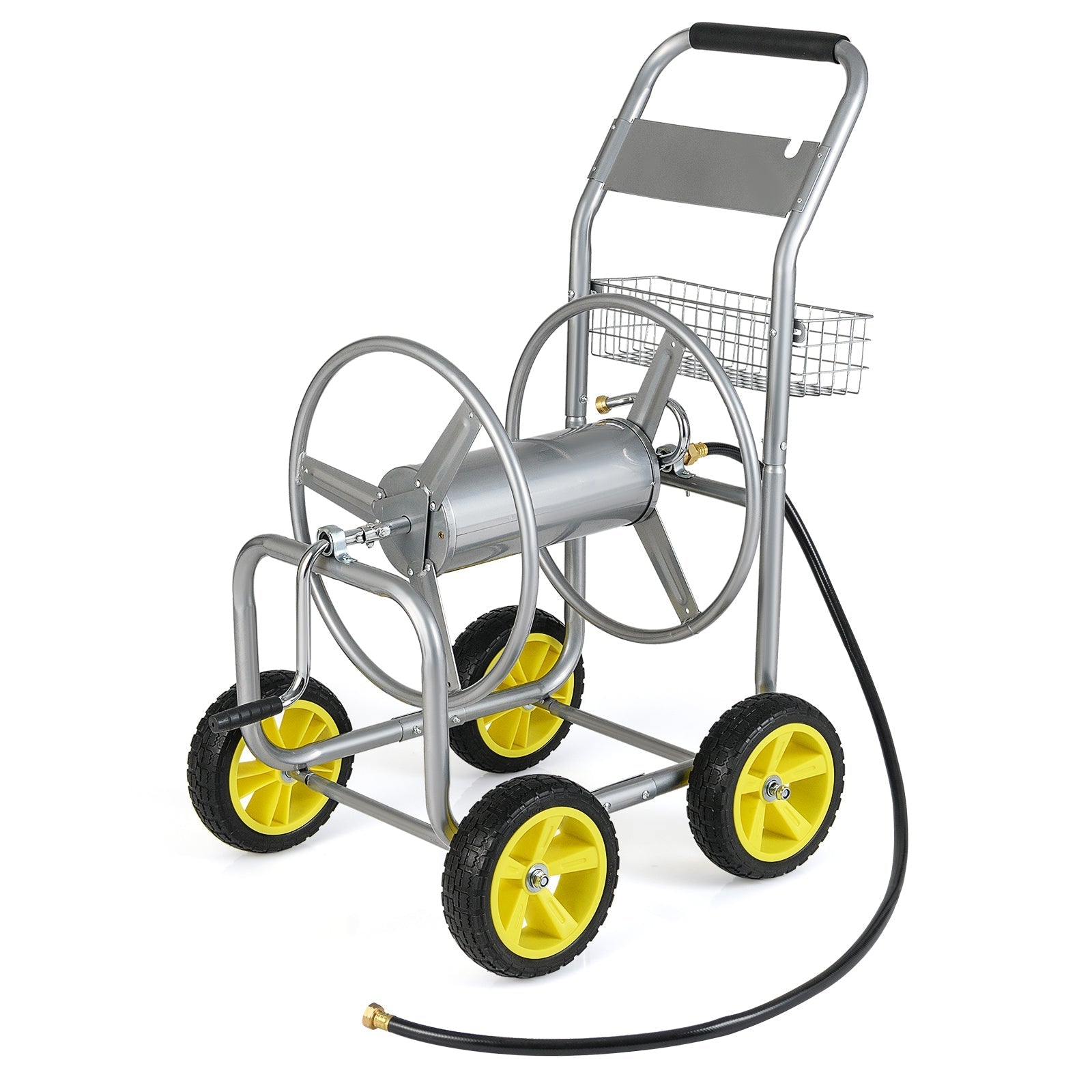 Garden Hose Reel Cart Metal Hose Cart with 4 Wheels and Storage Basket