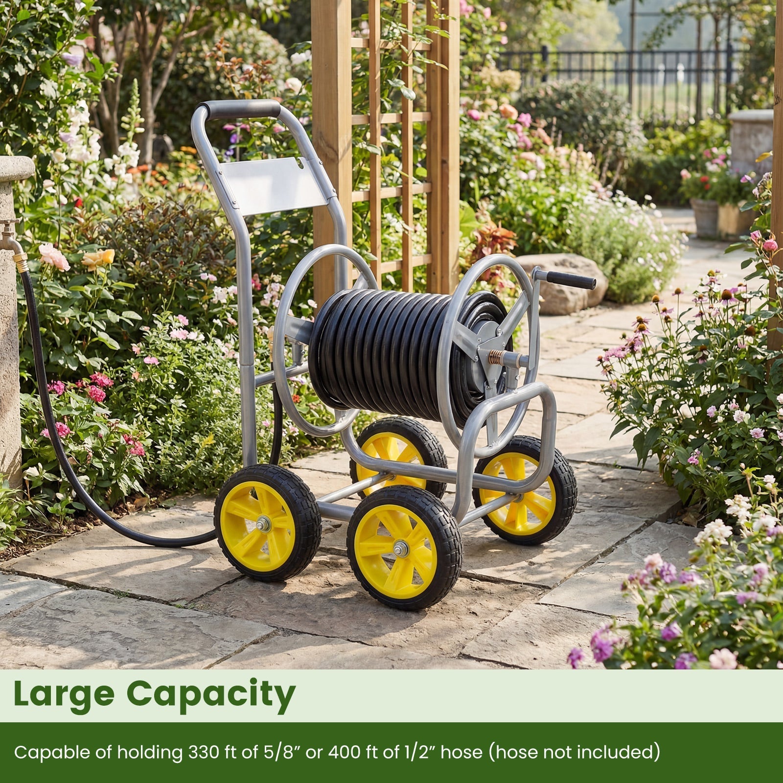 Garden Hose Reel Cart 4 Wheels Heavy-Duty Metal Water Hose Organizer Portable