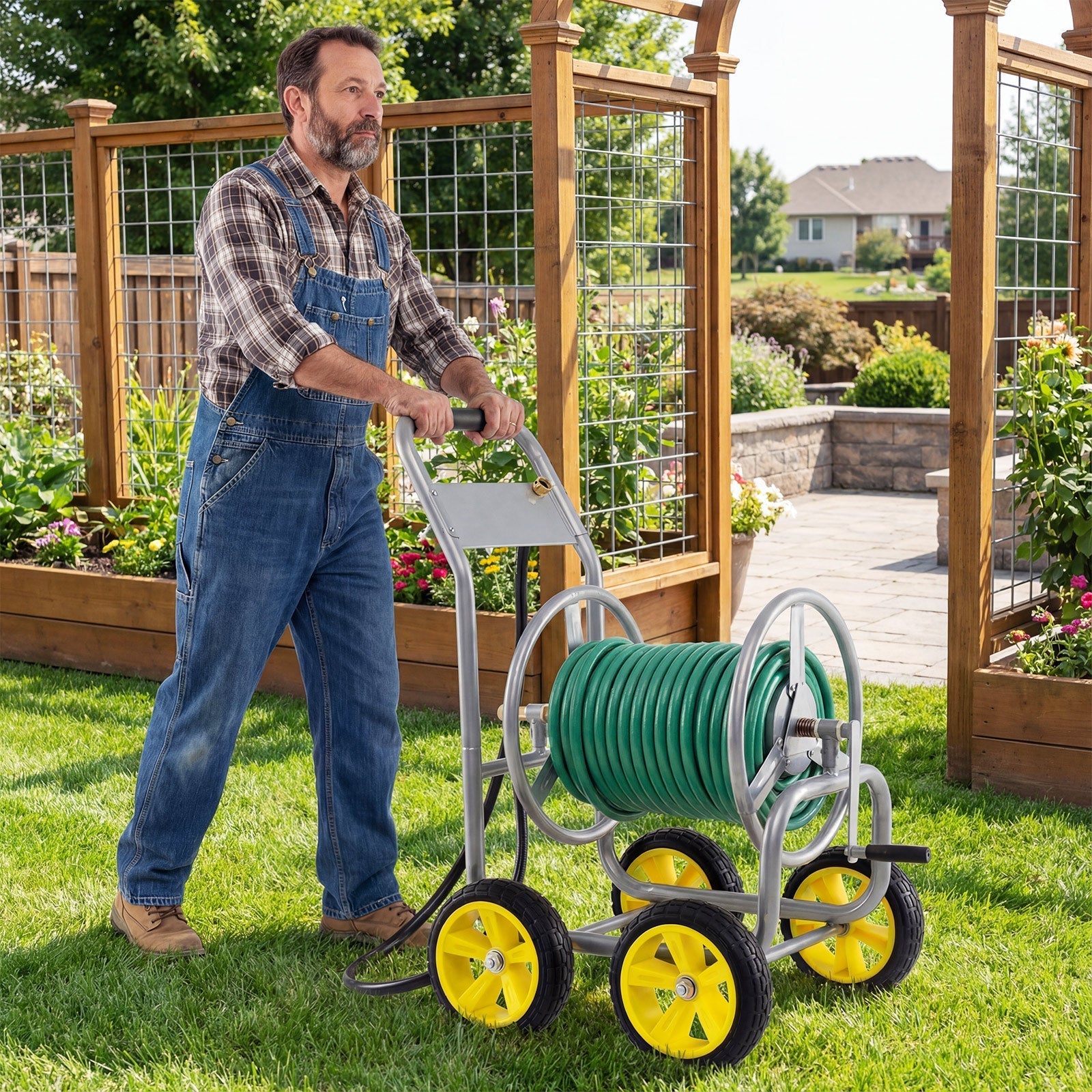 Garden Hose Reel Cart 4 Wheels Heavy-Duty Metal Water Hose Organizer Portable