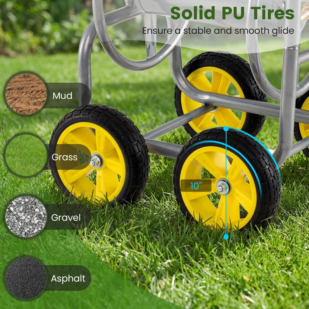 Garden Hose Reel Cart 4 Wheels Heavy-Duty Metal Water Hose Organizer Portable