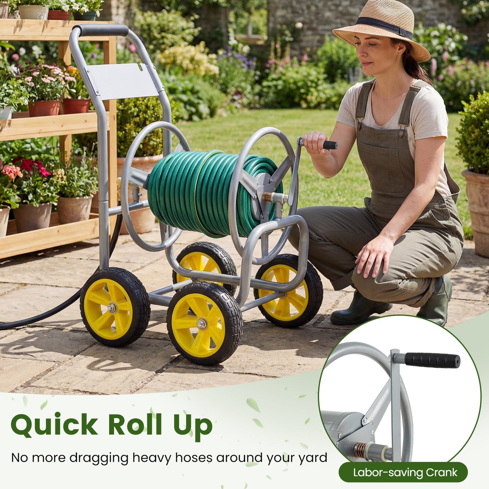 Garden Hose Reel Cart 4 Wheels Heavy-Duty Metal Water Hose Organizer Portable