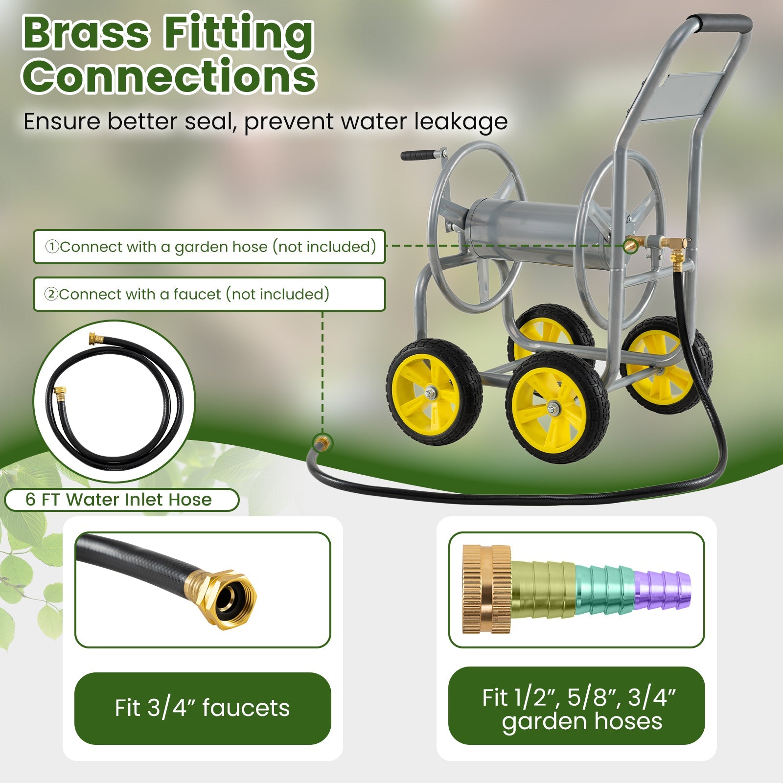 Garden Hose Reel Cart 4 Wheels Heavy-Duty Metal Water Hose Organizer Portable