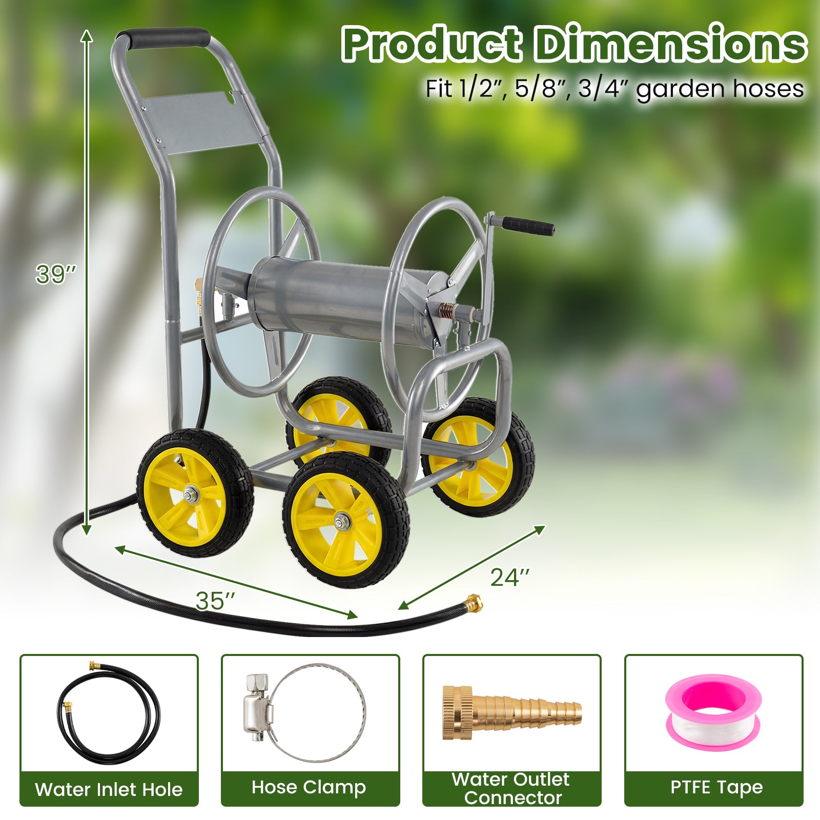 Garden Hose Reel Cart 4 Wheels Heavy-Duty Metal Water Hose Organizer Portable