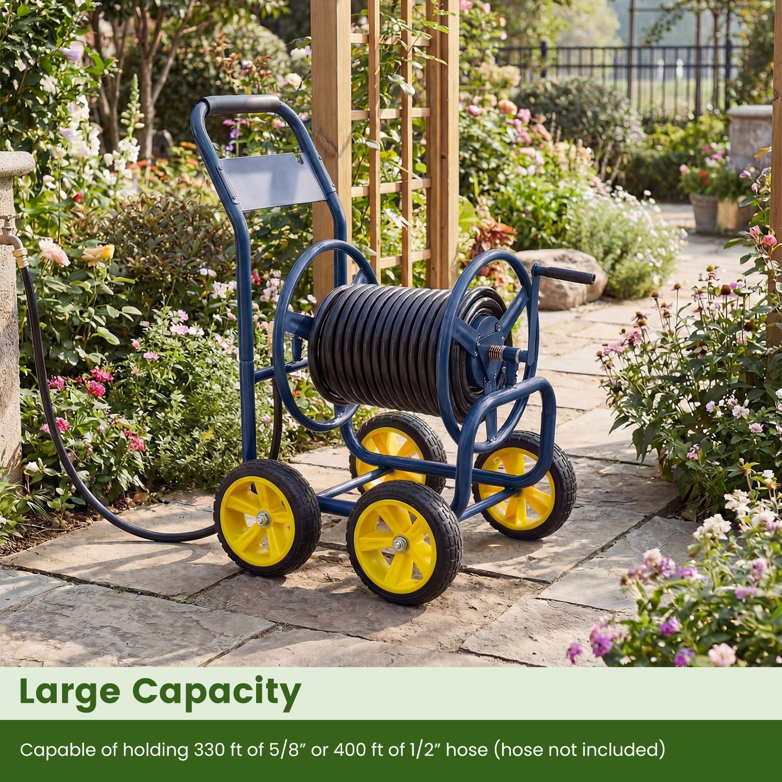 Garden Hose Reel Cart 4 Wheels Heavy-Duty Metal Water Hose Organizer Portable
