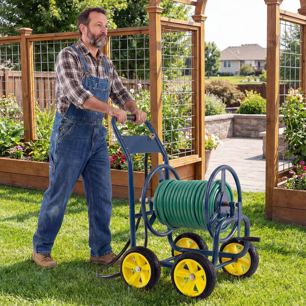 Garden Hose Reel Cart 4 Wheels Heavy-Duty Metal Water Hose Organizer Portable