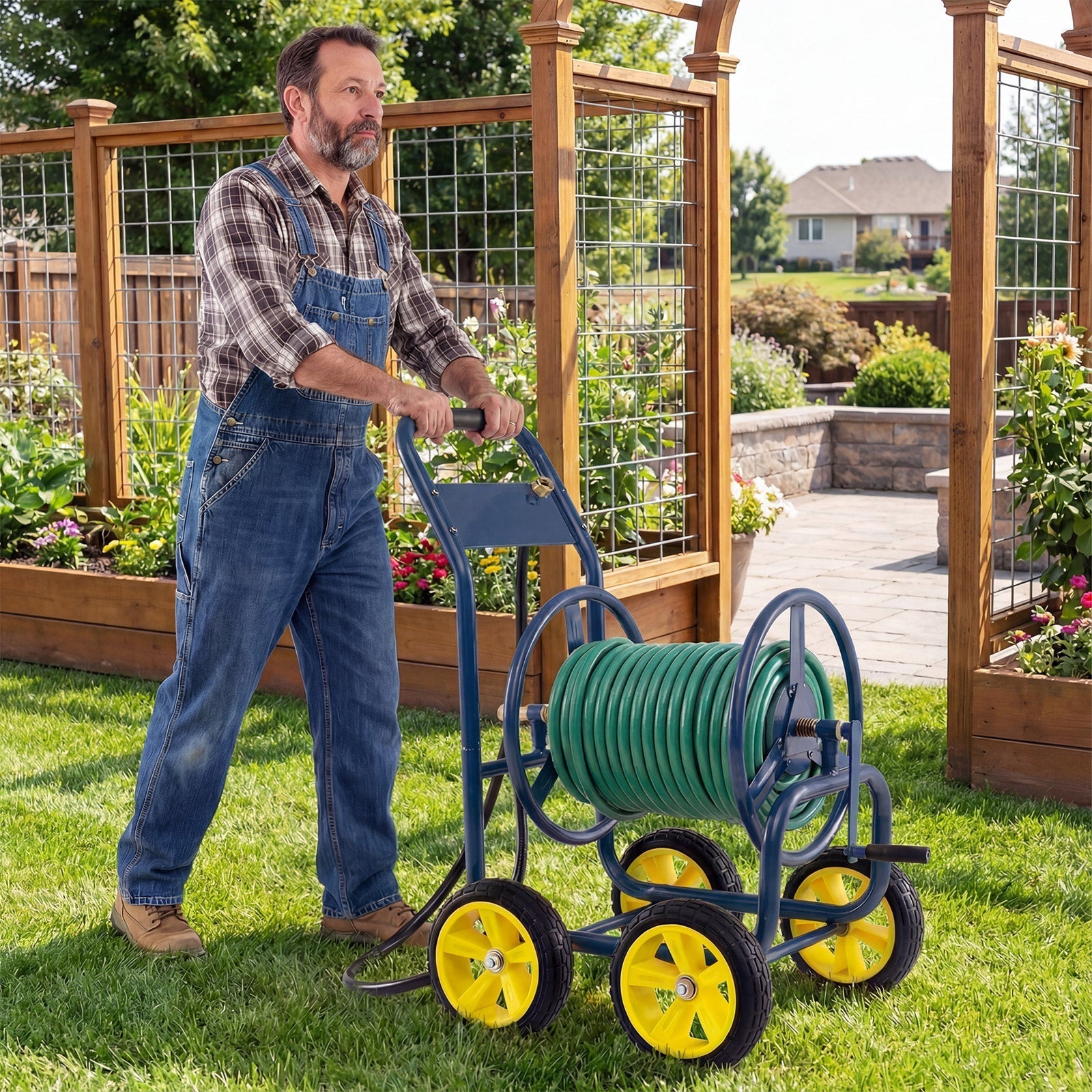 Garden Hose Reel Cart 4 Wheels Heavy-Duty Metal Water Hose Organizer Portable
