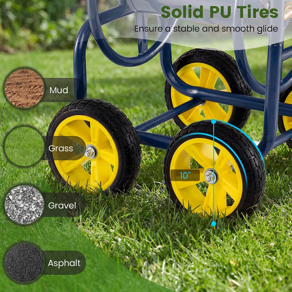 Garden Hose Reel Cart 4 Wheels Heavy-Duty Metal Water Hose Organizer Portable