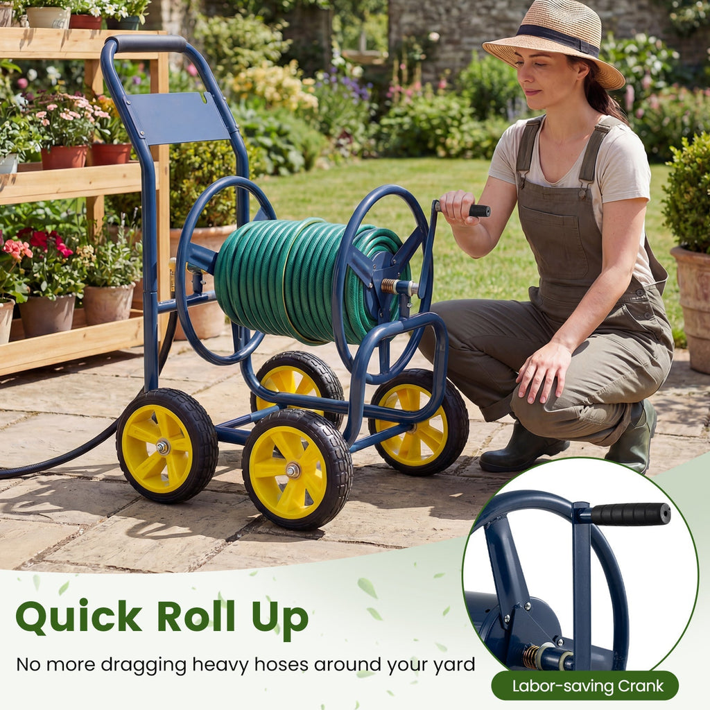 Garden Hose Reel Cart 4 Wheels Heavy-Duty Metal Water Hose Organizer Portable