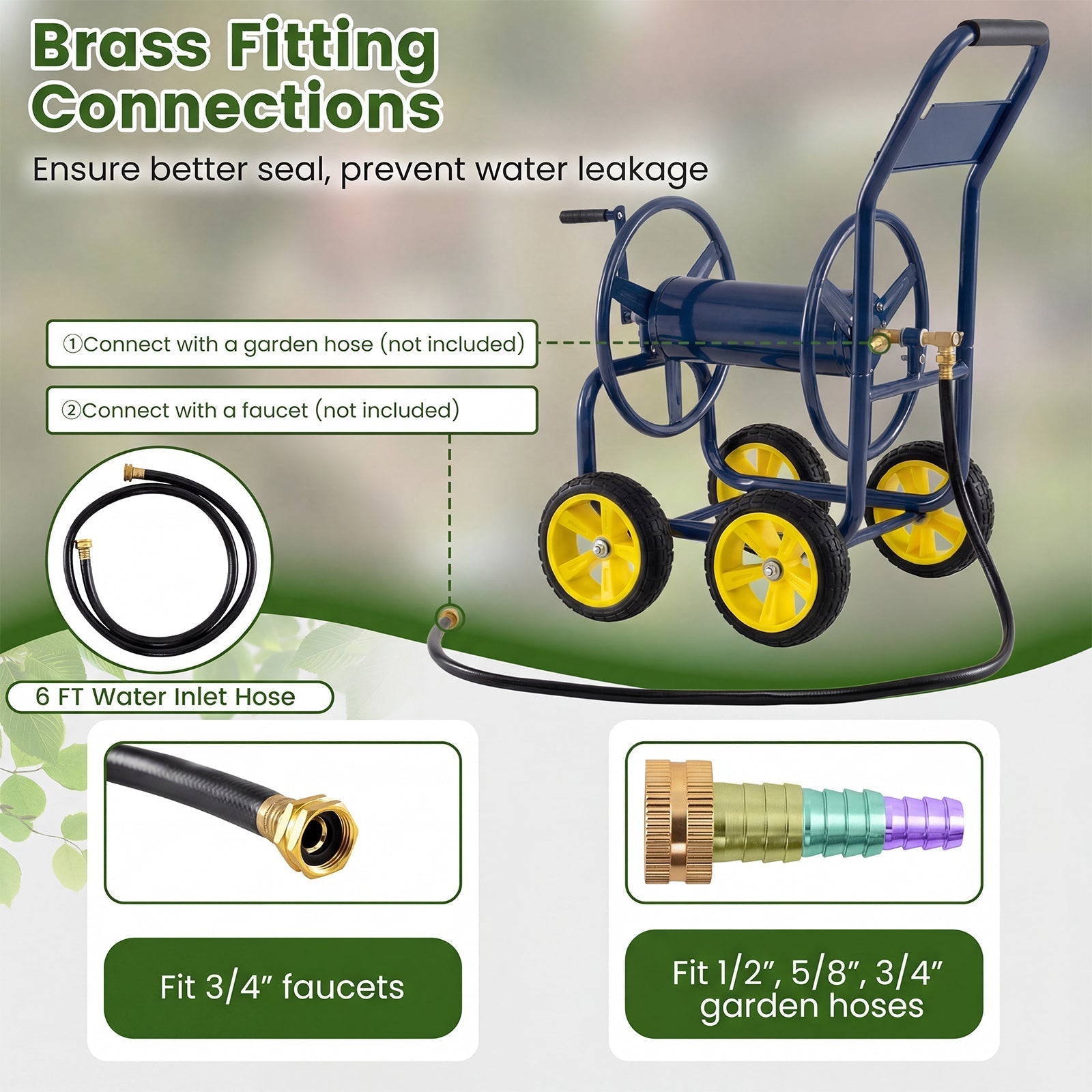Garden Hose Reel Cart 4 Wheels Heavy-Duty Metal Water Hose Organizer Portable