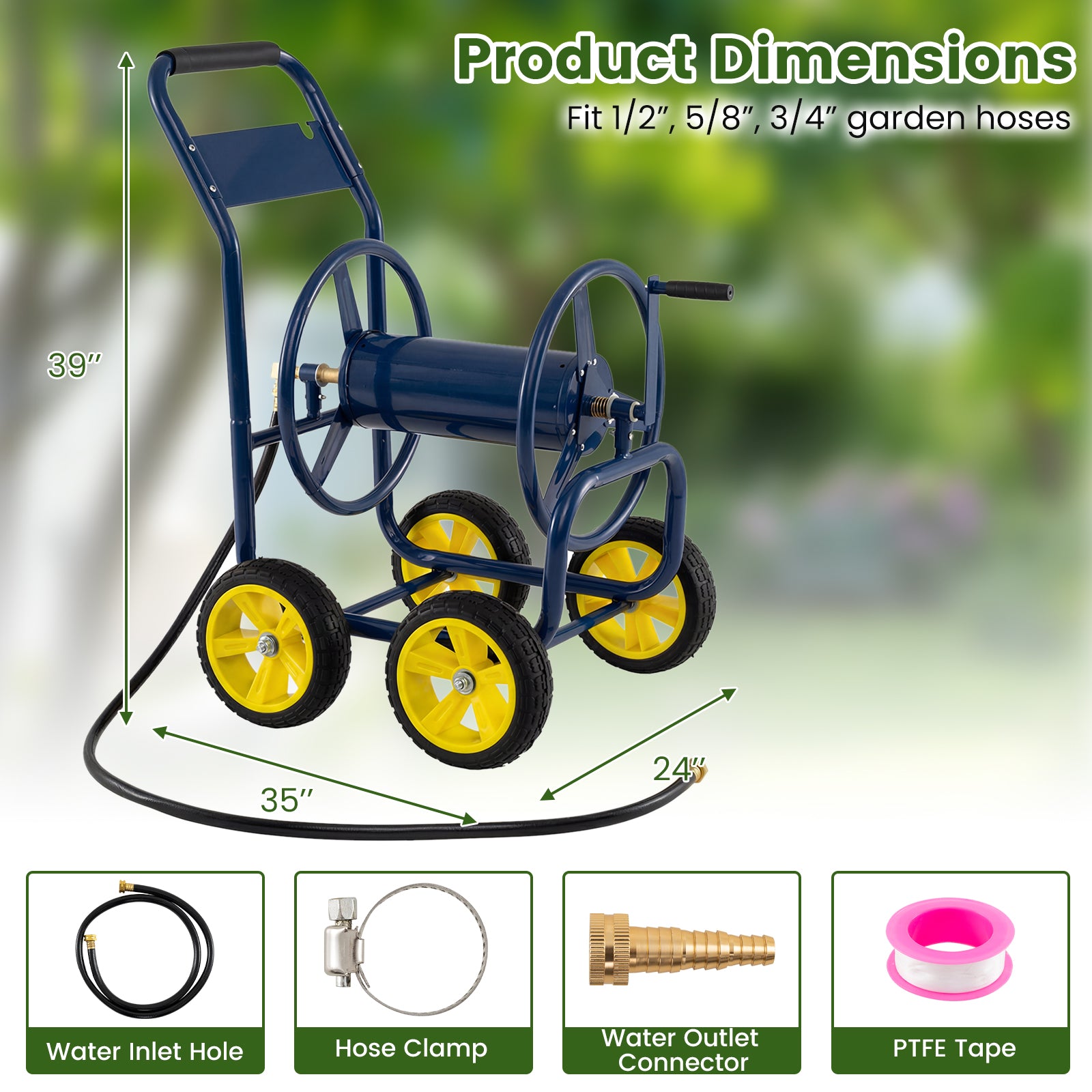 Garden Hose Reel Cart 4 Wheels Heavy-Duty Metal Water Hose Organizer Portable