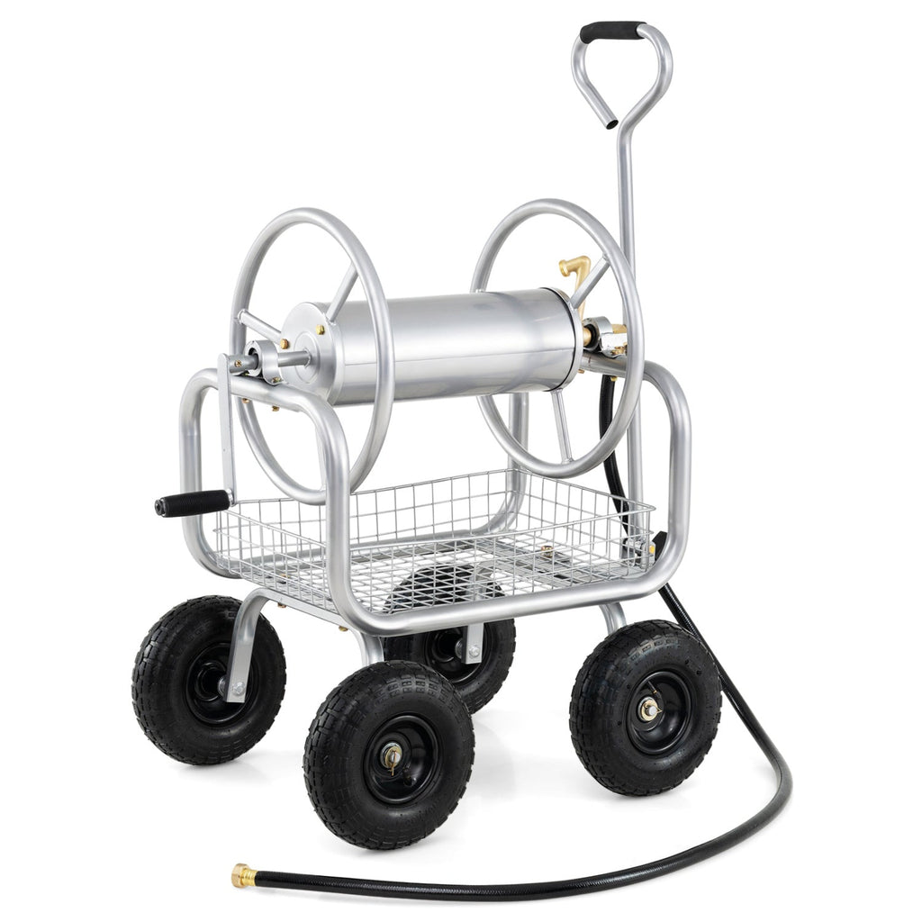 Garden Hose Reel Cart 300 Feet Large Capacity with 4 Wheels and Storage Basket-Gray