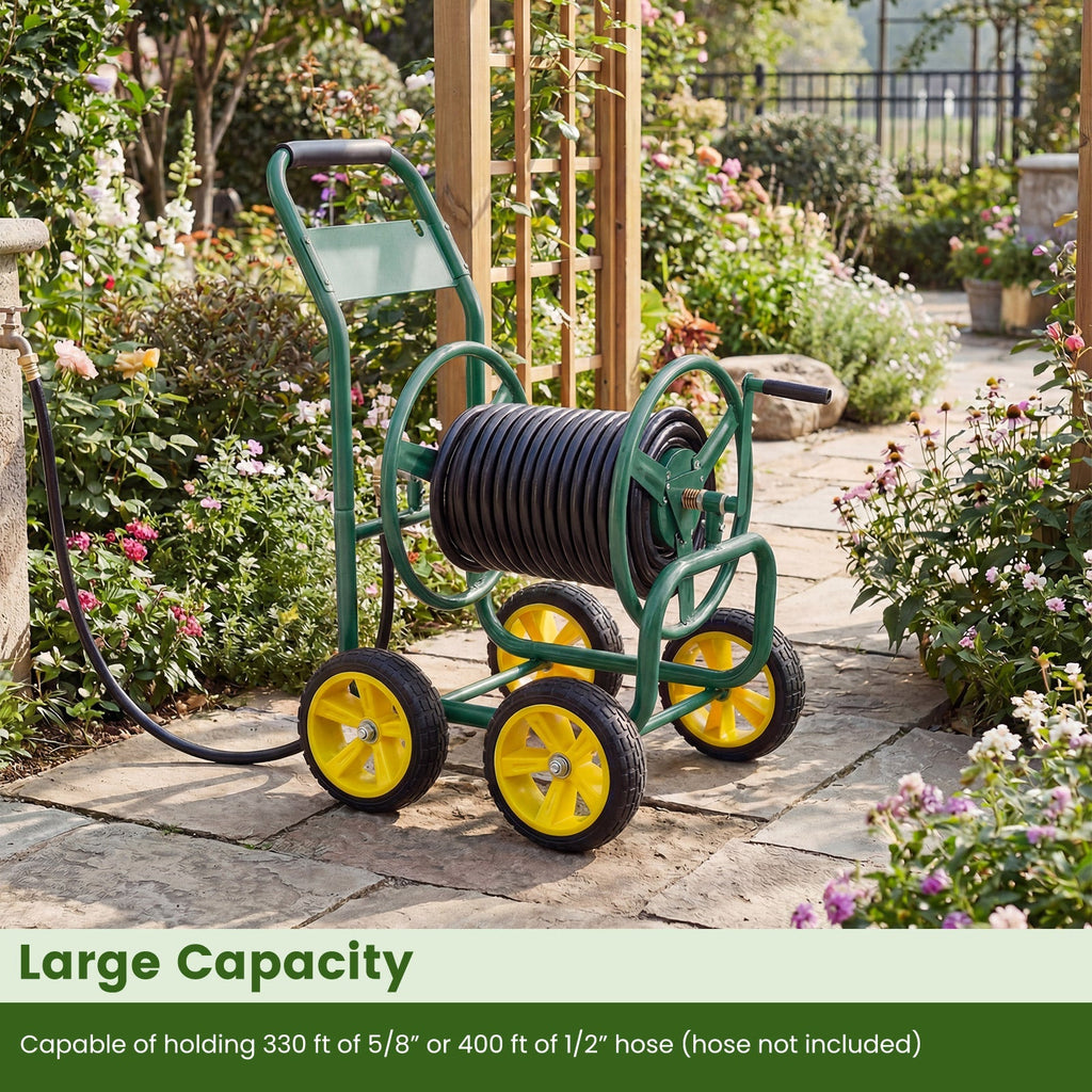 Garden Hose Reel Cart 4 Wheels Heavy-Duty Metal Water Hose Organizer Portable