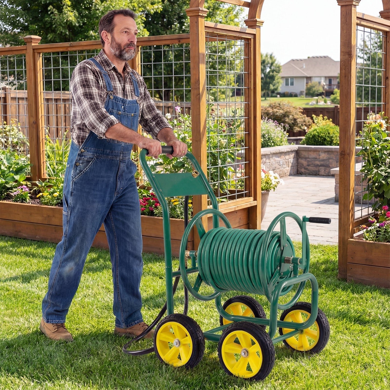 Garden Hose Reel Cart 4 Wheels Heavy-Duty Metal Water Hose Organizer Portable