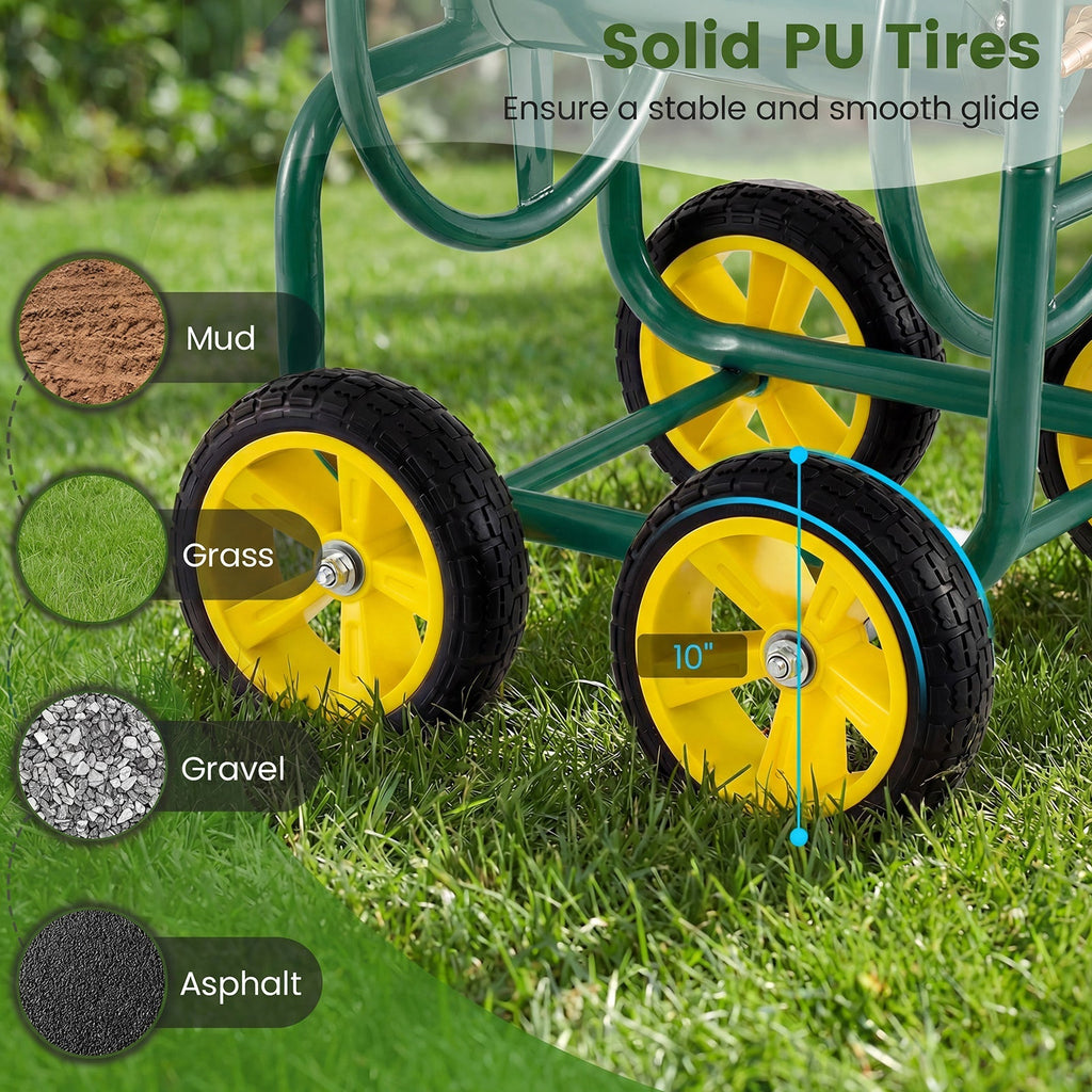Garden Hose Reel Cart 4 Wheels Heavy-Duty Metal Water Hose Organizer Portable