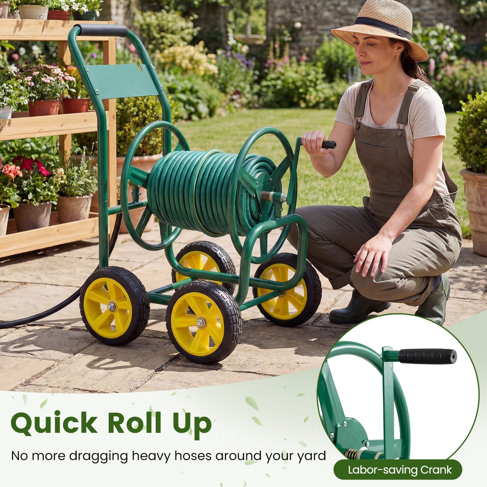 Garden Hose Reel Cart 4 Wheels Heavy-Duty Metal Water Hose Organizer Portable