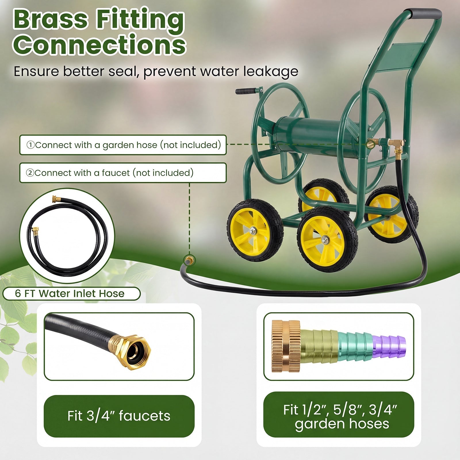 Garden Hose Reel Cart 4 Wheels Heavy-Duty Metal Water Hose Organizer Portable
