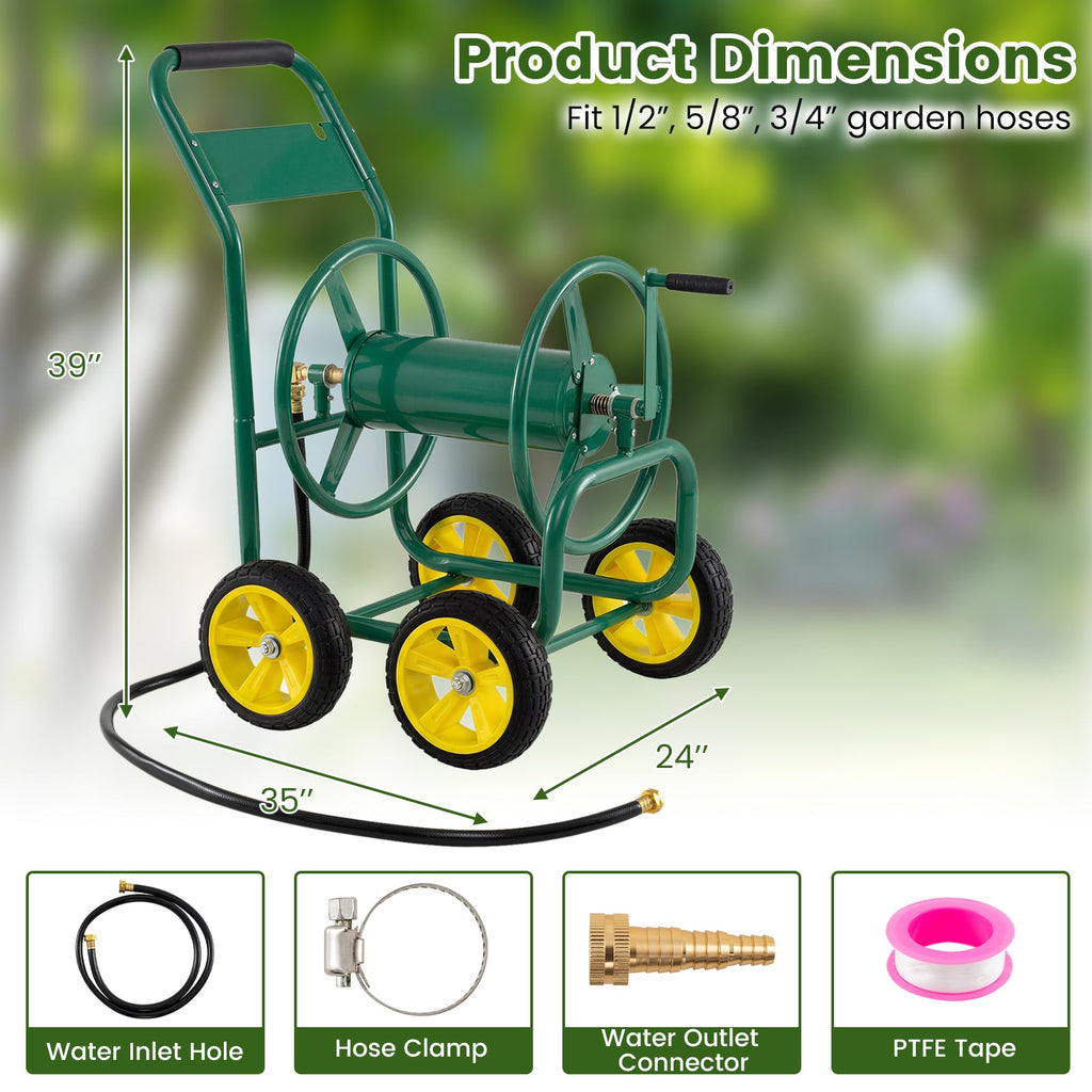 Garden Hose Reel Cart 4 Wheels Heavy-Duty Metal Water Hose Organizer Portable