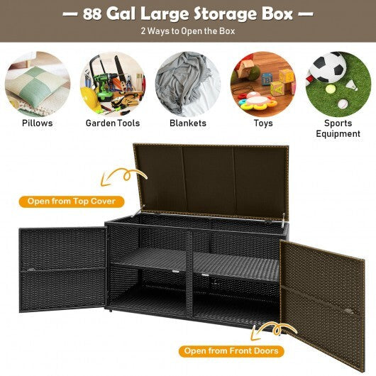 88 Gallon Garden Patio Rattan Storage Container Box-Black - Color: Black