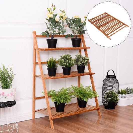 3-Tier Bamboo Ladder Shelf Foldable Plant Flower Bookshelf-Brown