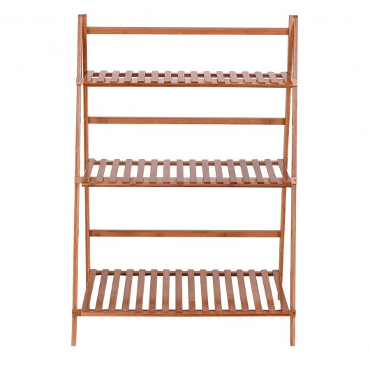 3-Tier Bamboo Ladder Shelf Foldable Plant Flower Bookshelf-Brown