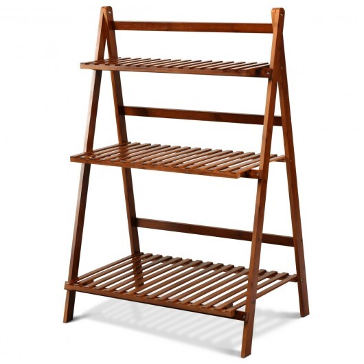 3-Tier Bamboo Ladder Shelf Foldable Plant Flower Bookshelf-Brown