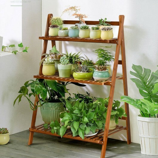 3-Tier Bamboo Ladder Shelf Foldable Plant Flower Bookshelf-Brown