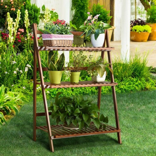 3-Tier Bamboo Ladder Shelf Foldable Plant Flower Bookshelf-Brown