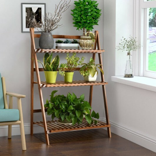 3-Tier Bamboo Ladder Shelf Foldable Plant Flower Bookshelf-Brown
