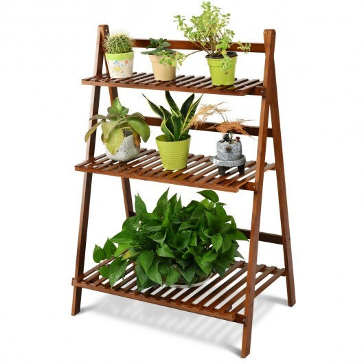 3-Tier Bamboo Ladder Shelf Foldable Plant Flower Bookshelf-Brown