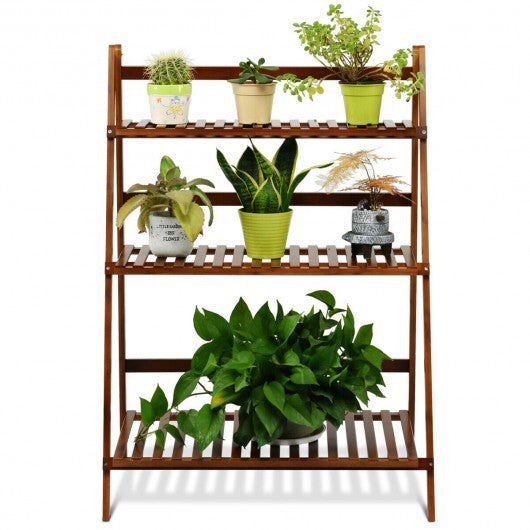 3-Tier Bamboo Ladder Shelf Foldable Plant Flower Bookshelf-Brown