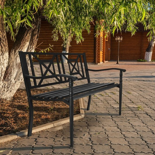 Patio Garden Bench with Powder Coated Steel Frame - Color: Black