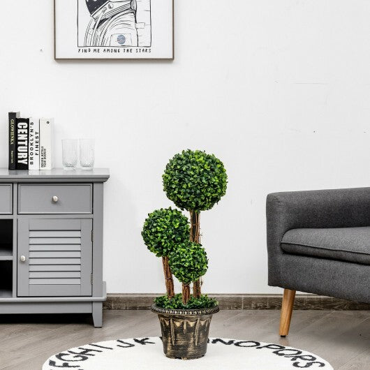 30 Inch Artificial Topiary Triple Ball Tree Indoor and Outdoor UV Protection - Color: Green