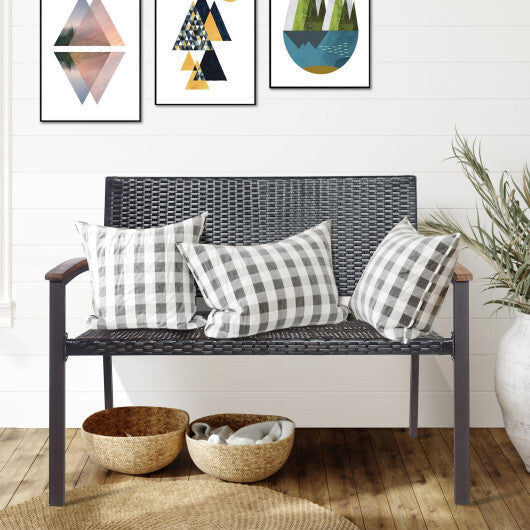 Outdoor Patio Rattan Wicker Bench with Armrest for Garden - Color: Black