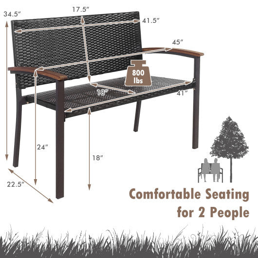Outdoor Patio Rattan Wicker Bench with Armrest for Garden - Color: Black