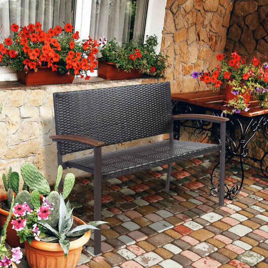 Outdoor Patio Rattan Wicker Bench with Armrest for Garden - Color: Black