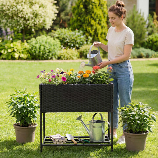 Wicker Raised Garden Bed with Storage Shelf and Removable Liner for Flowers